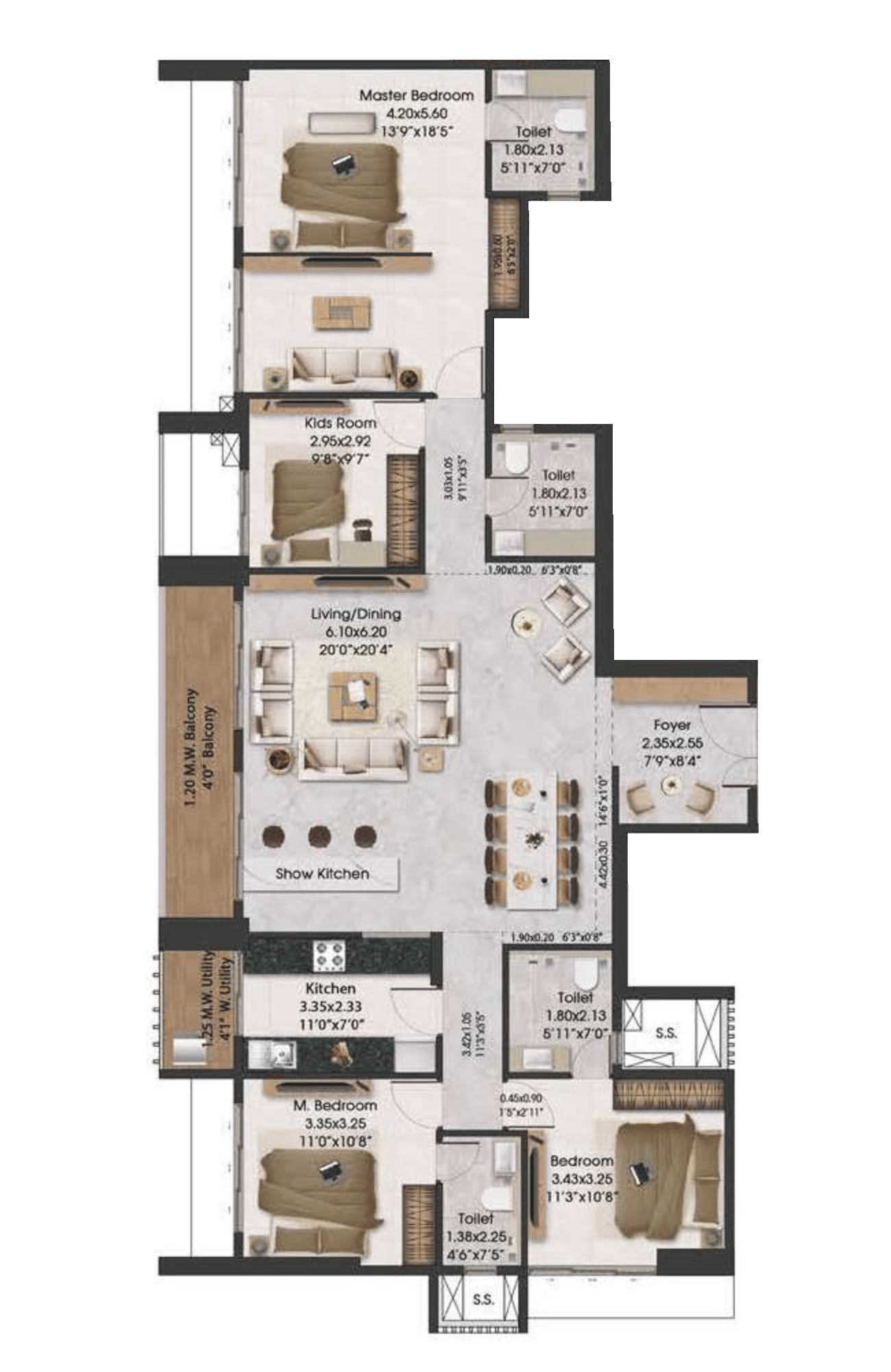 3.5 BHK T2 floor plan
