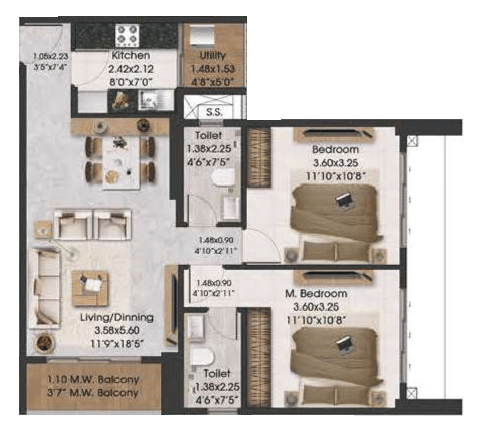 2 BHK T2 floor plan