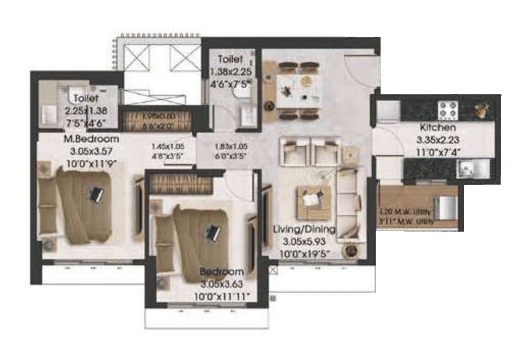 2 BHK T1 floor plan