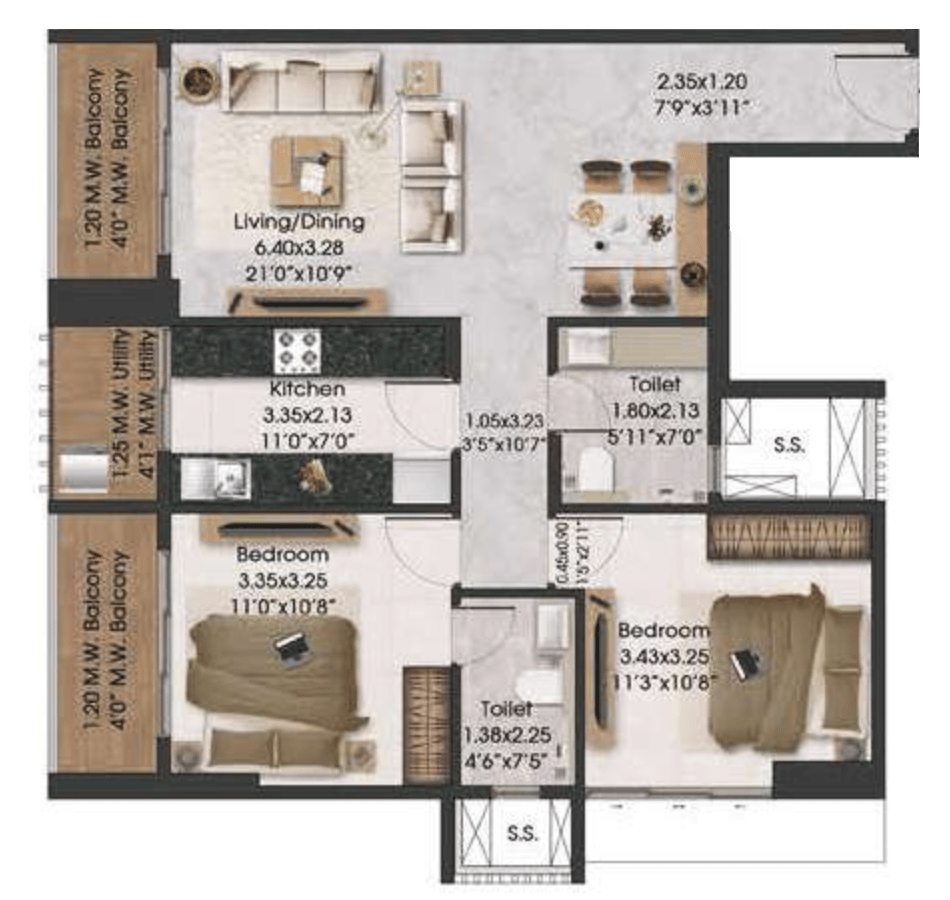 2 BHK T4 floor plan