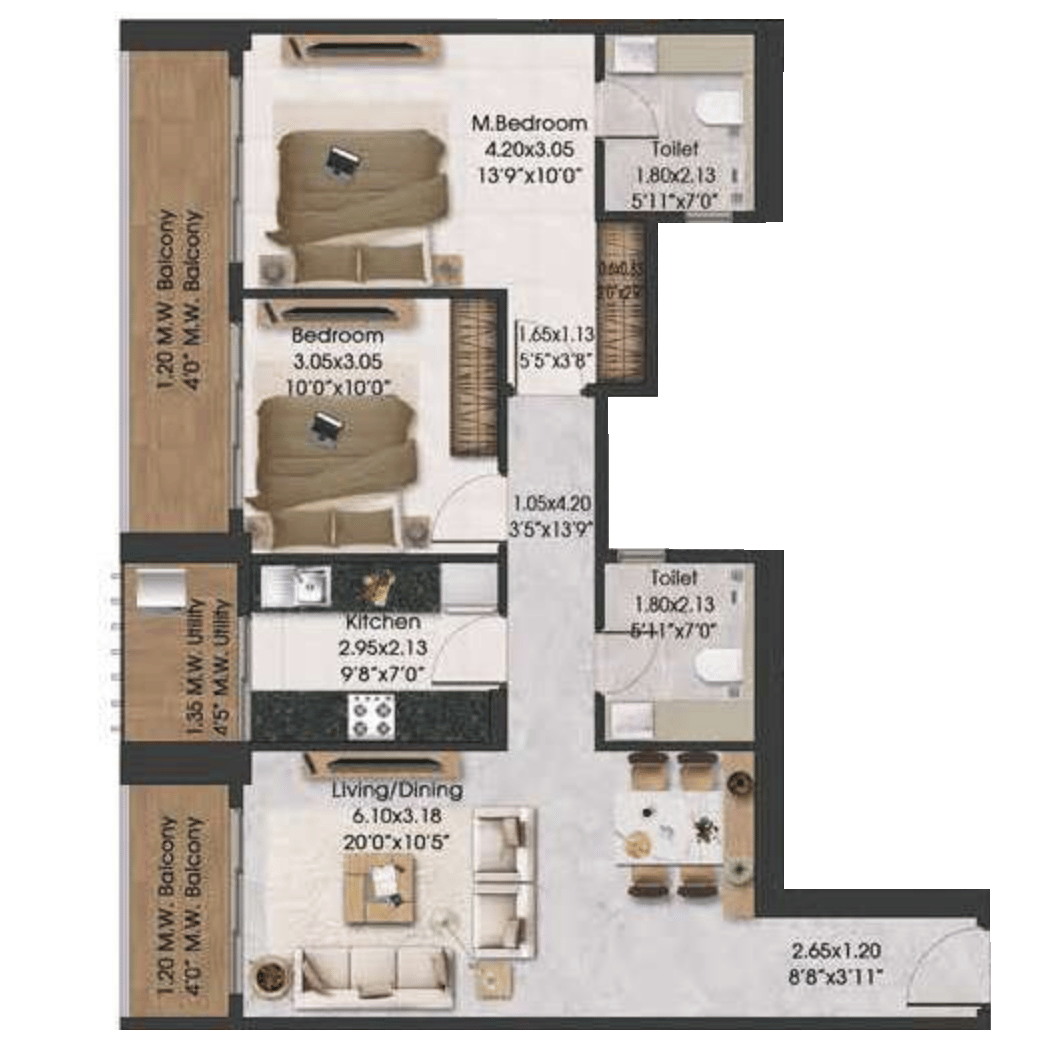 2 BHK T5 floor plan