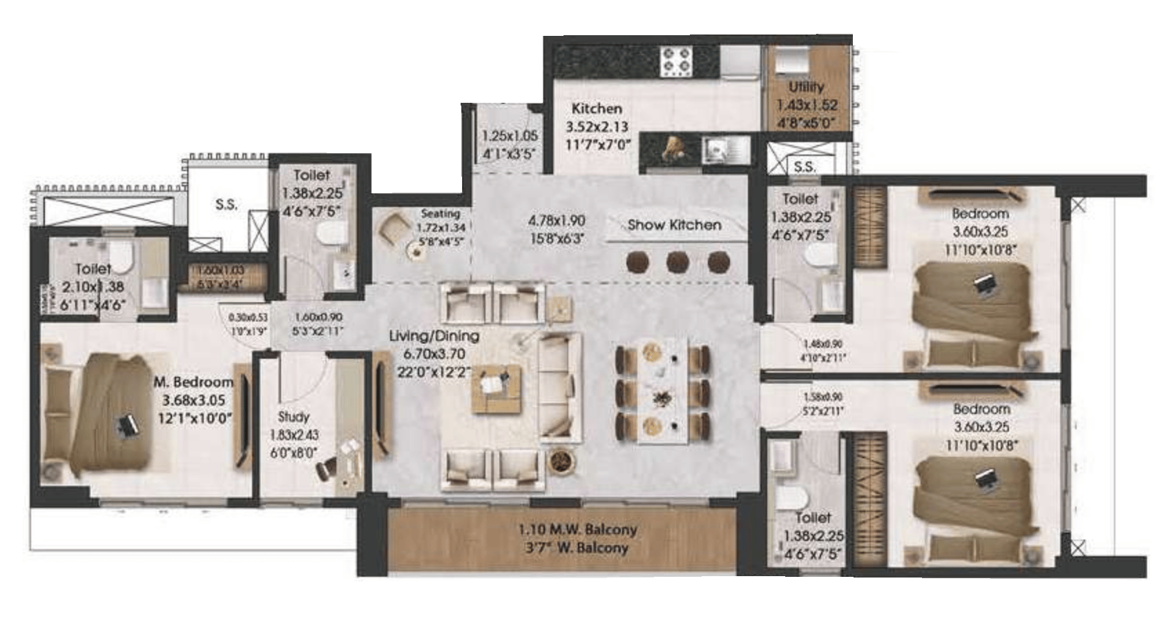 3.5 BHK T1 floor plan