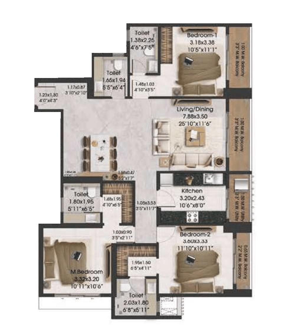 3 BHK T2 floor plan