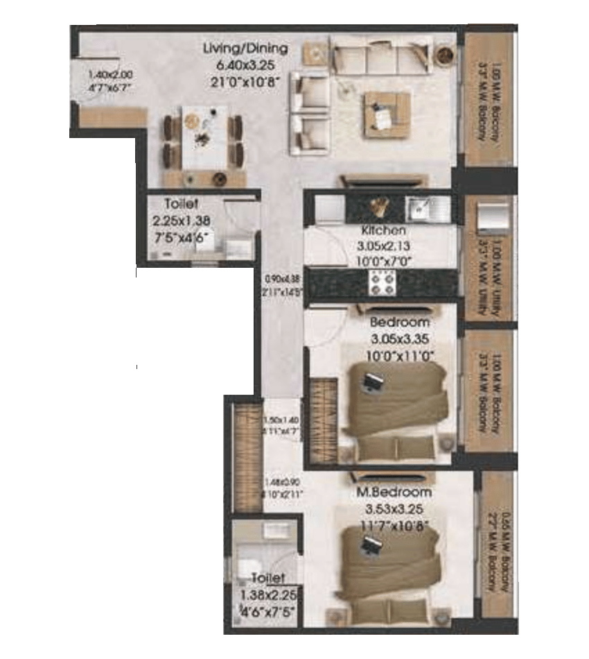 2 BHK T6 floor plan