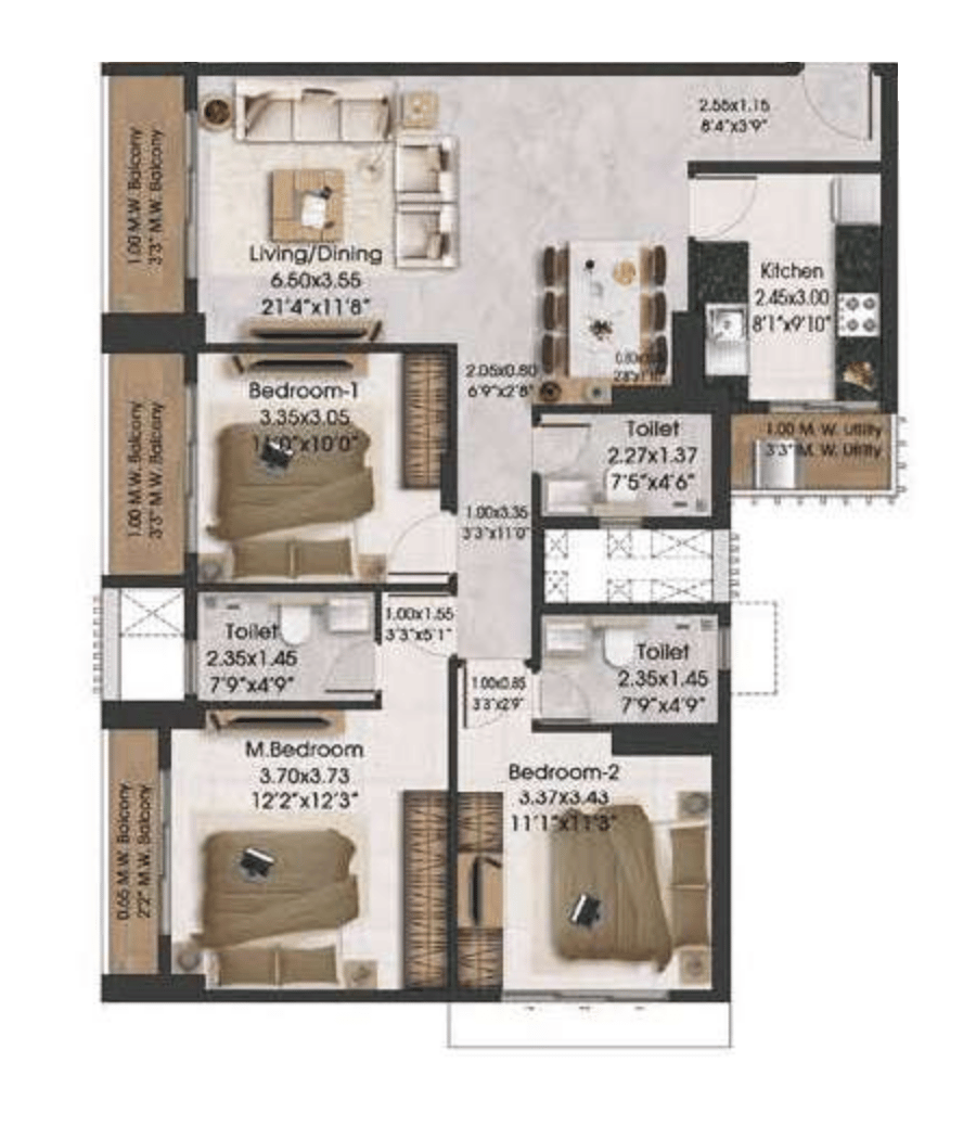 3 BHK T1 floor plan