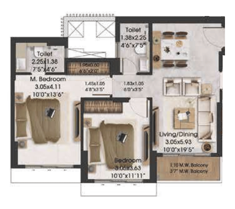 2 BHK T3 floor plan