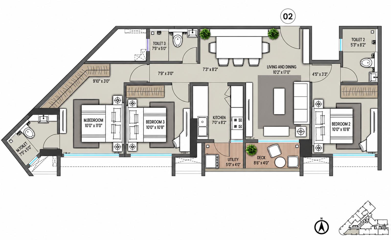 3BHK floor plan