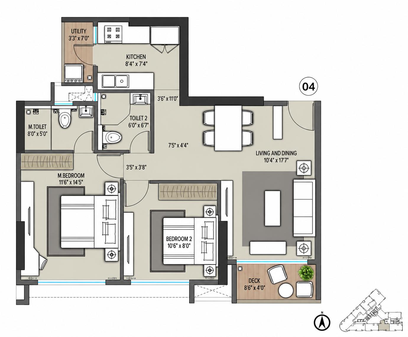 2BHK Grand floor plan