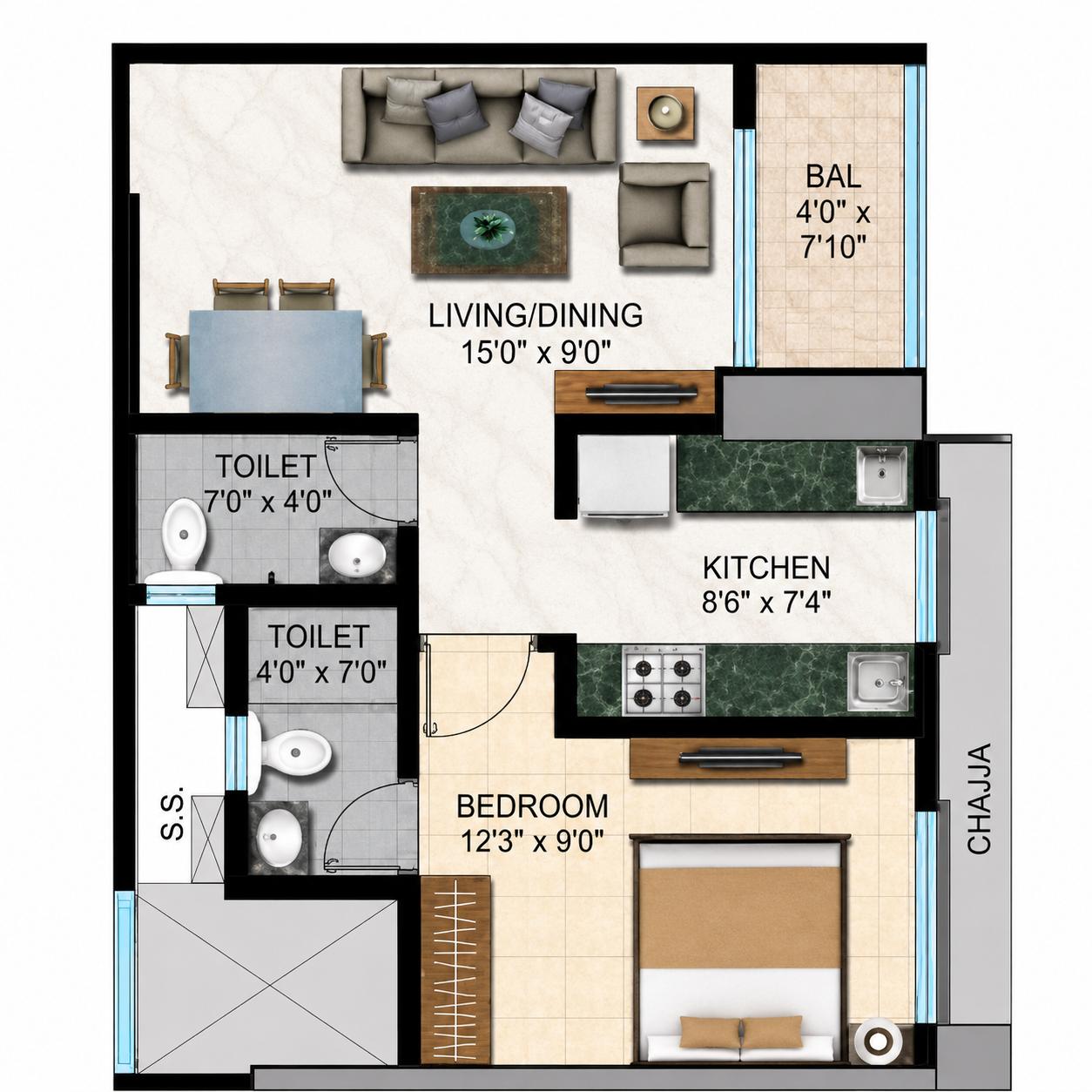 1BHK Type2 floor plan