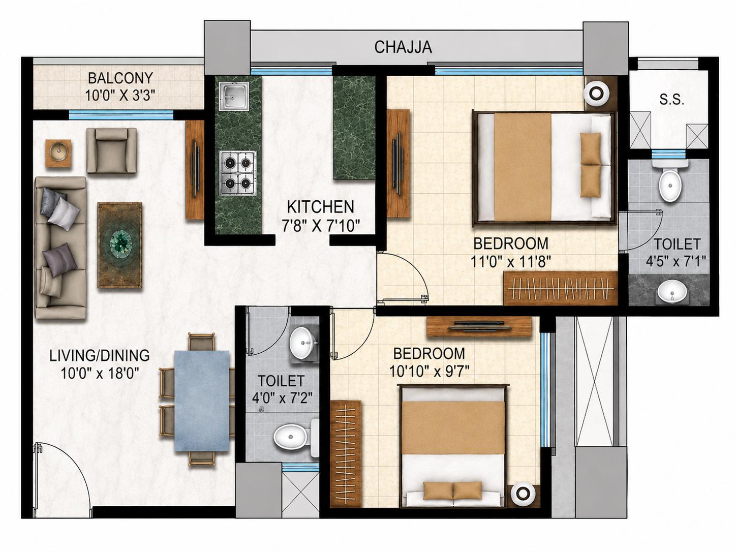 2 BHK Type1 floor plan