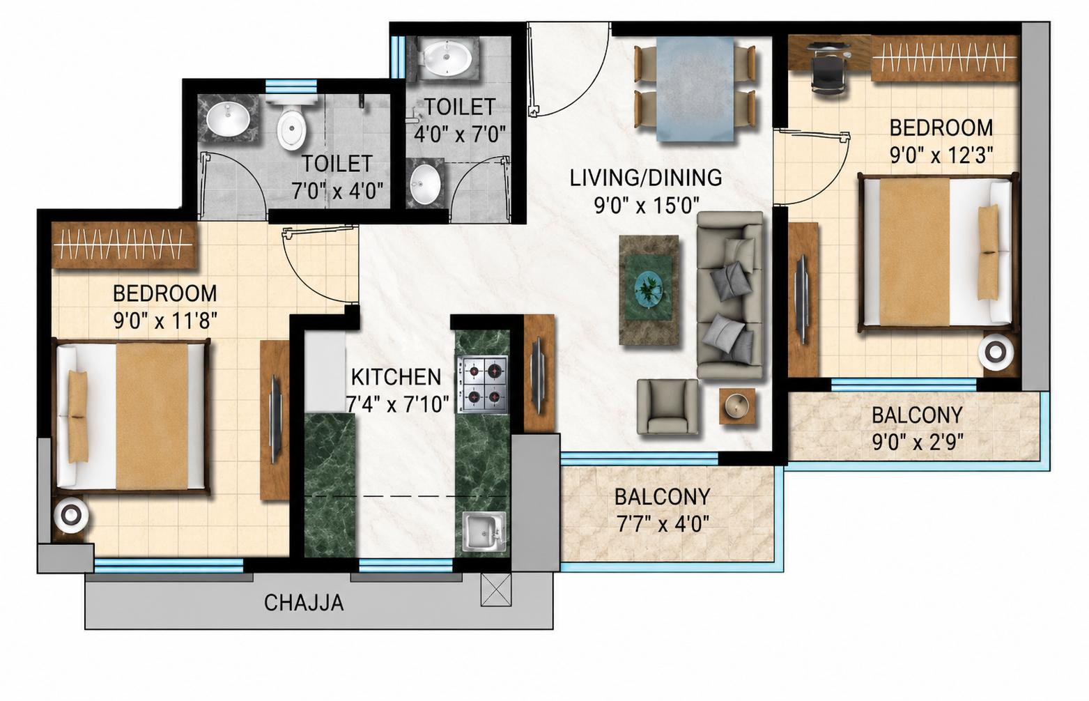 2 BHK Type2 floor plan