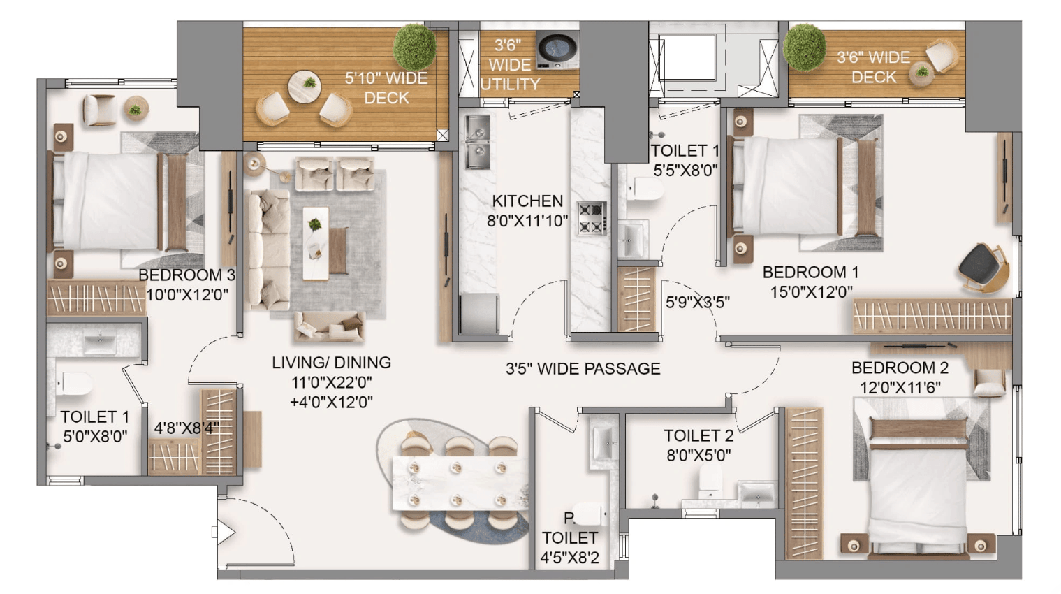 3 BHK Type2 - T1 floor plan