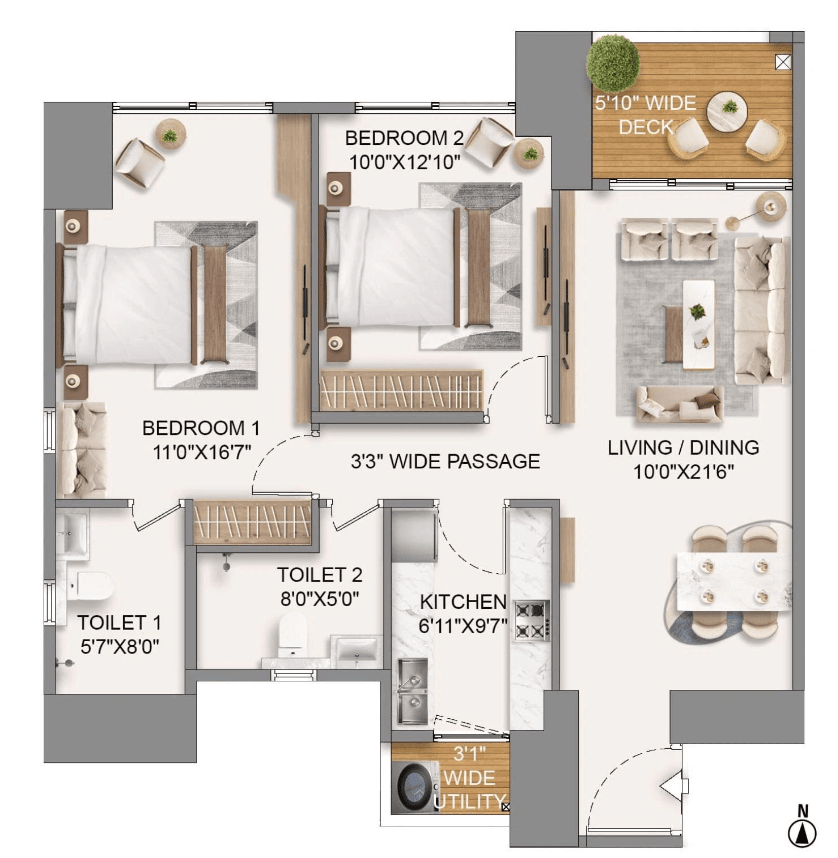 2 BHK Type3 - T1 floor plan