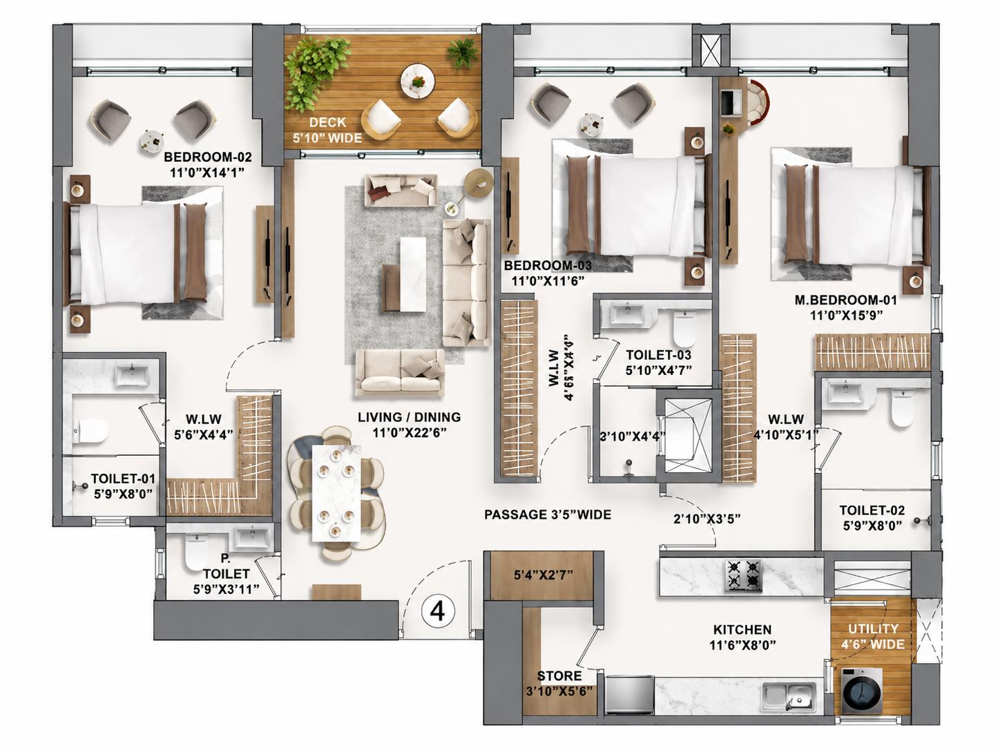 3 BHK Type1 - T2 floor plan