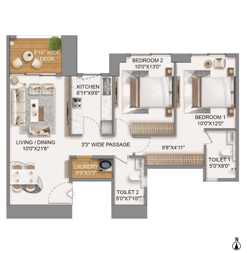 2 BHK Type2 - T1 floor plan