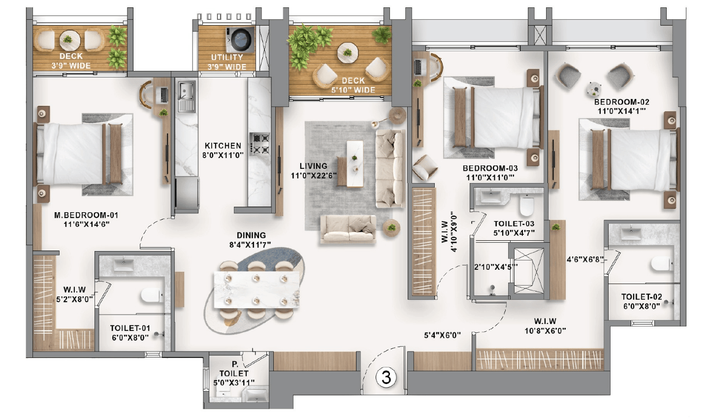 3 BHK Type2 - T2 floor plan
