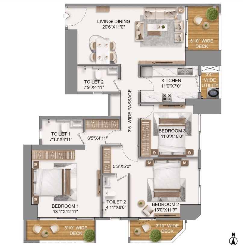 3 BHK Type1 - T1 floor plan