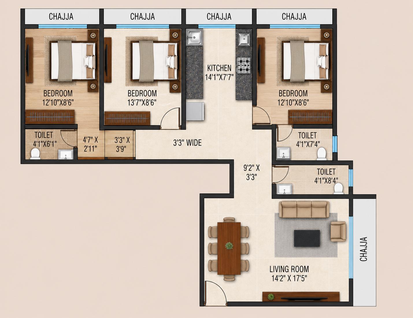 3 BHK Type1 floor plan