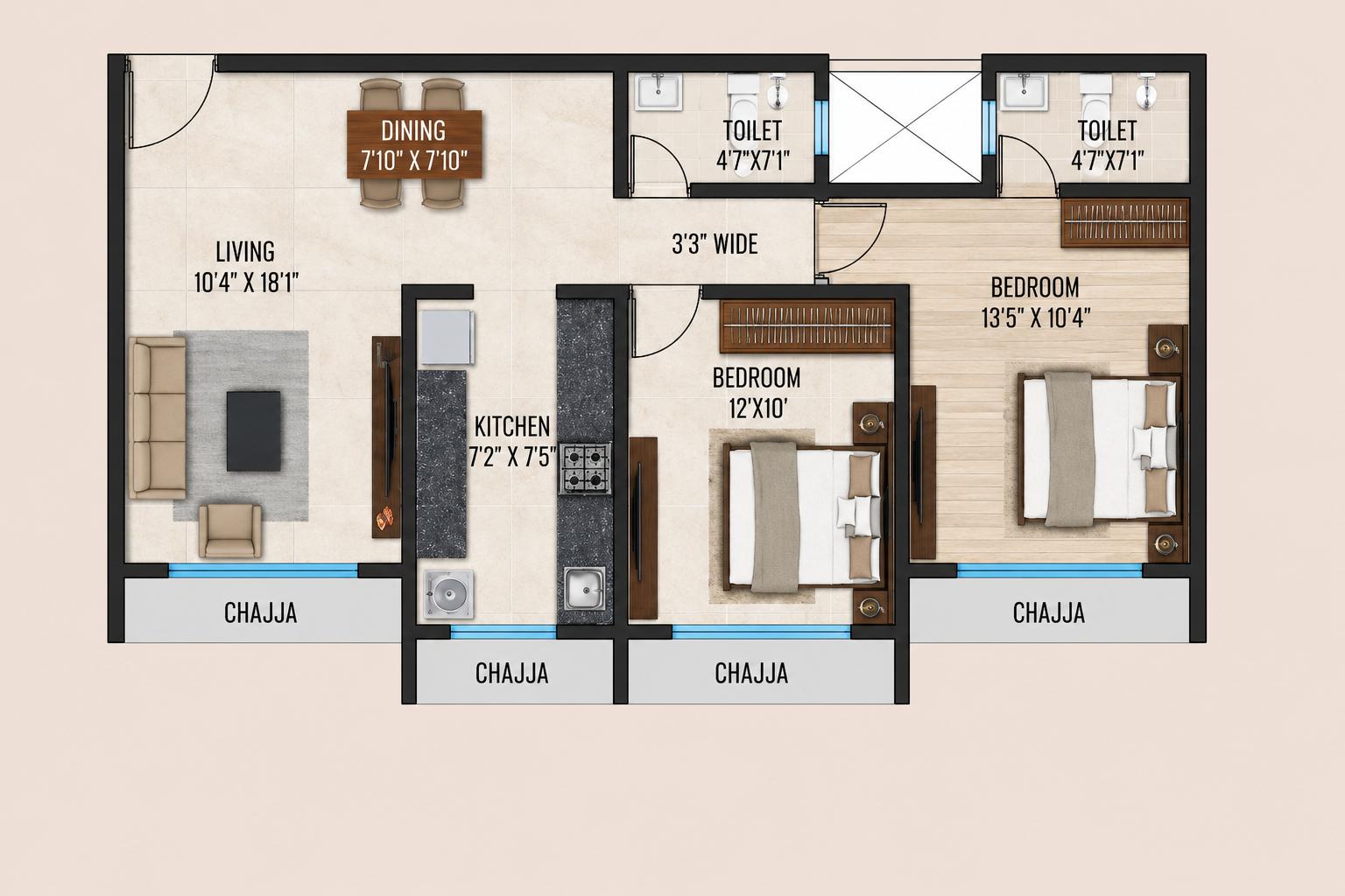 2BHK Type1 floor plan