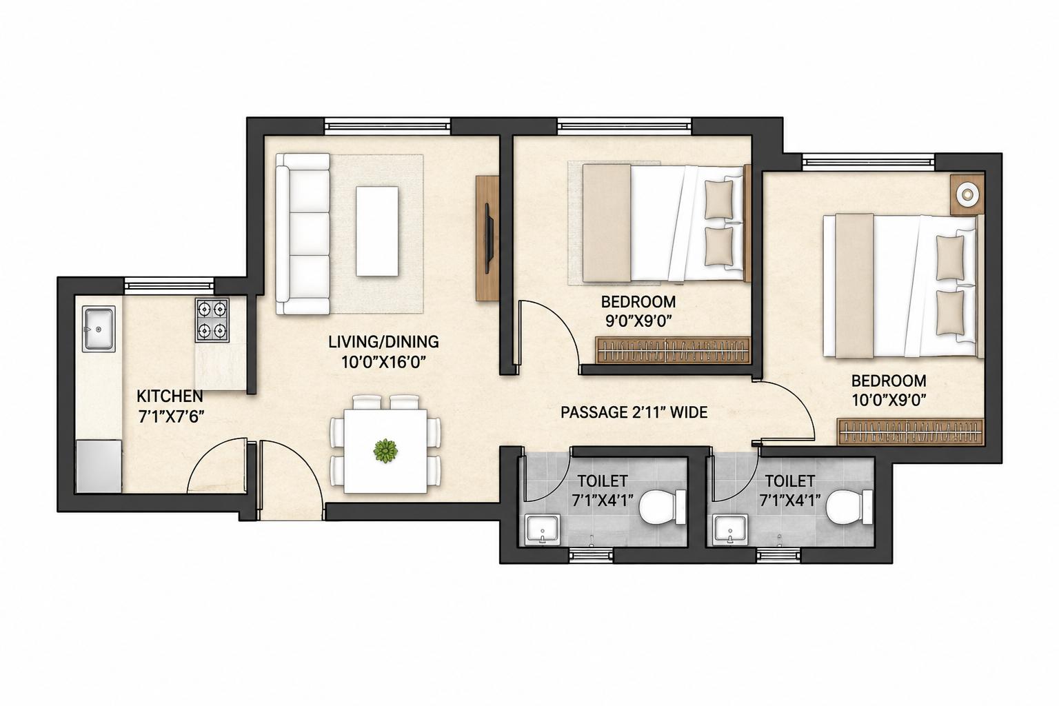 2BHK Luxury floor plan