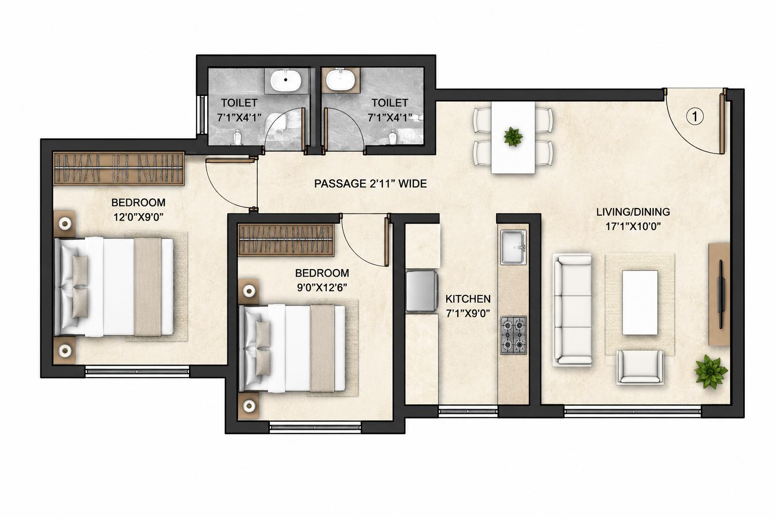 2BHK floor plan