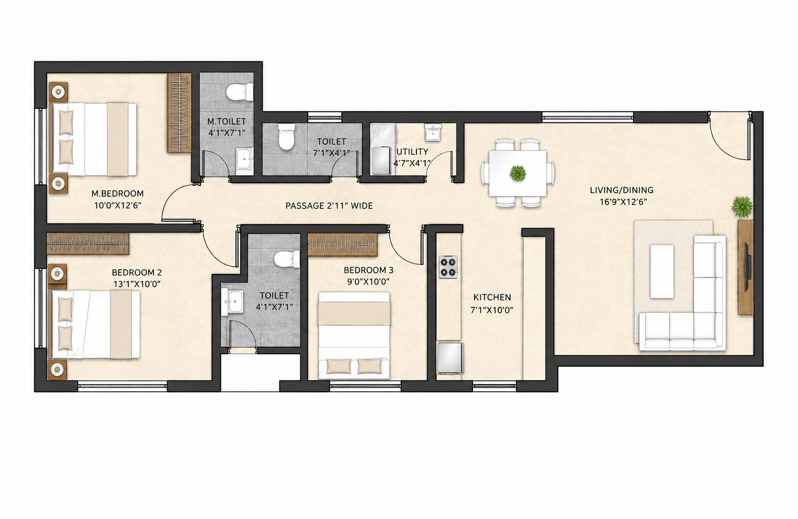 3BHK floor plan