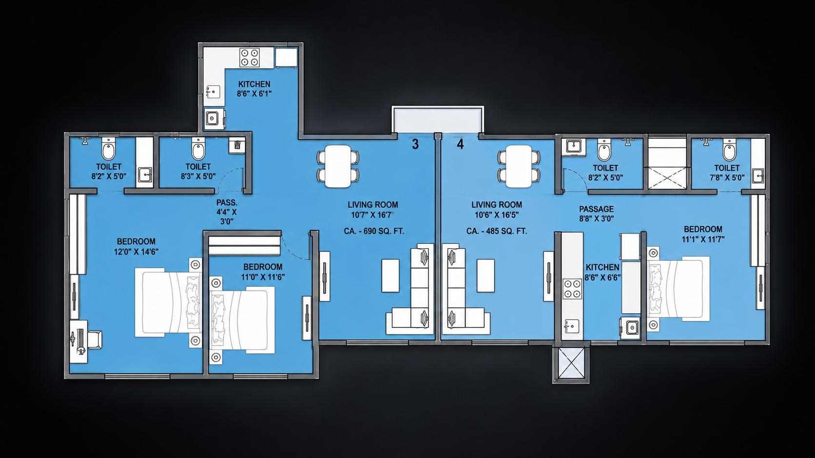 3BHK (Jodi ) floor plan