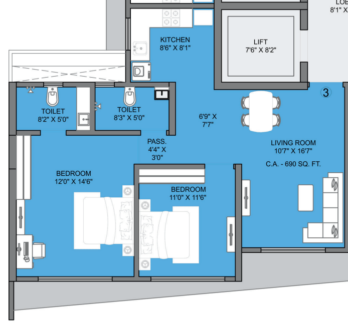 2BHK floor plan