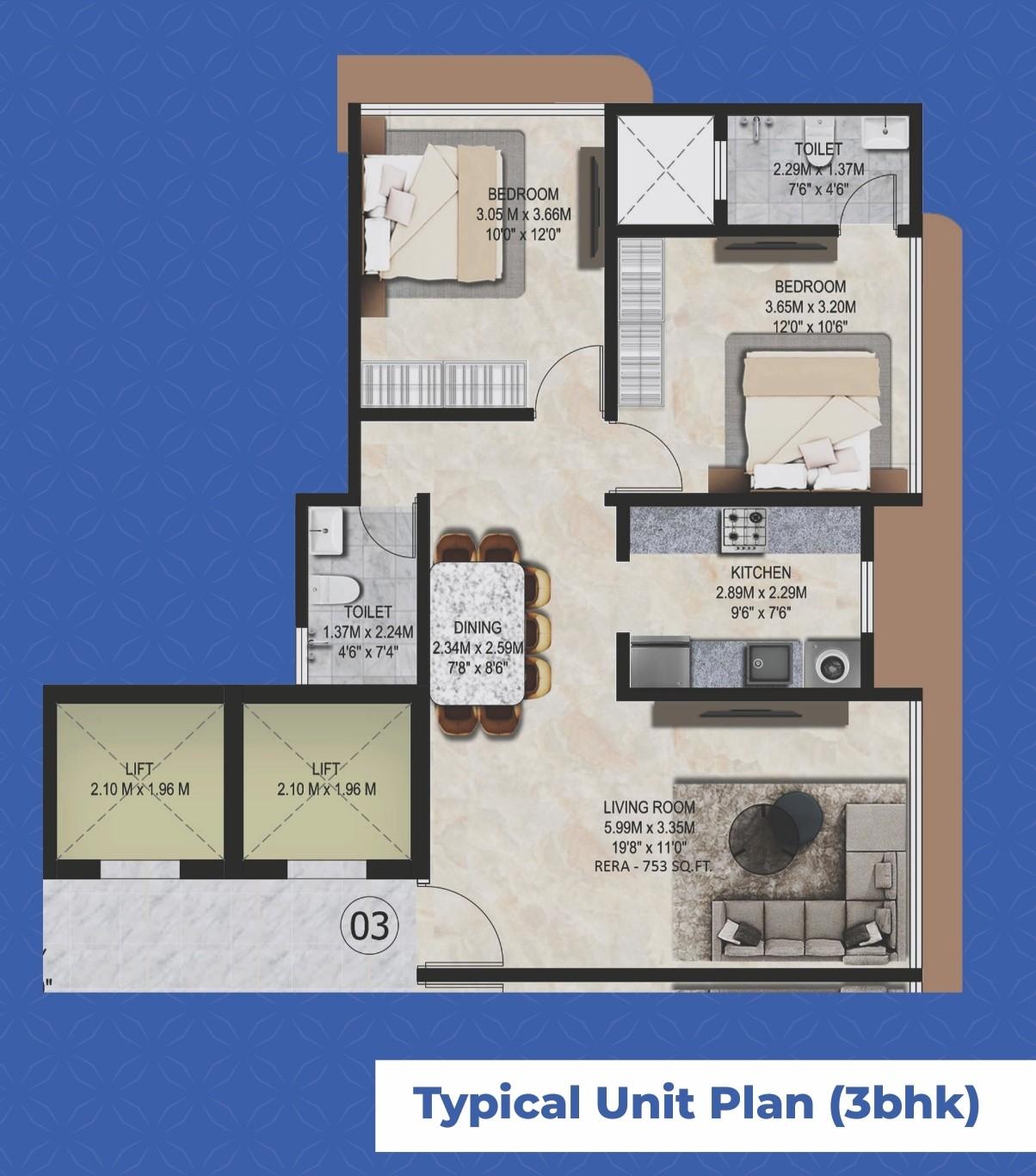 3 BHK floor plan