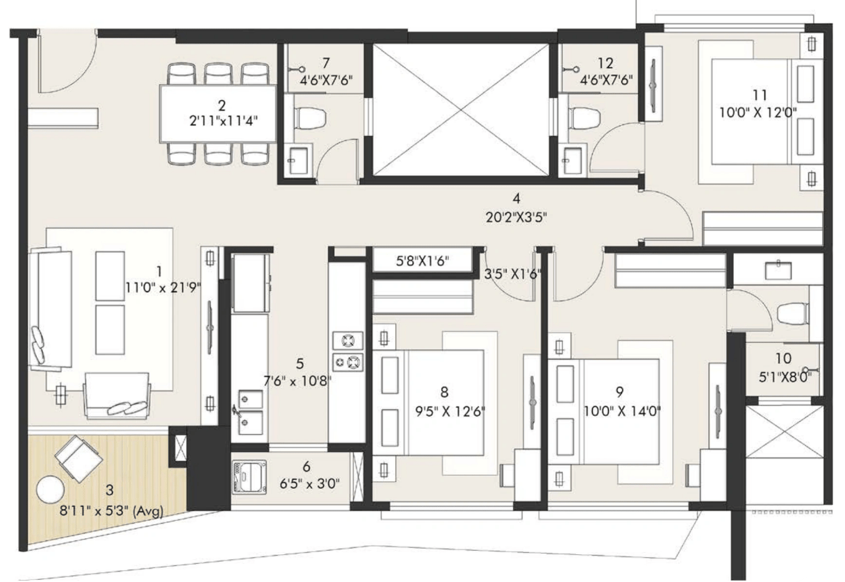 3 BHK T1 floor plan