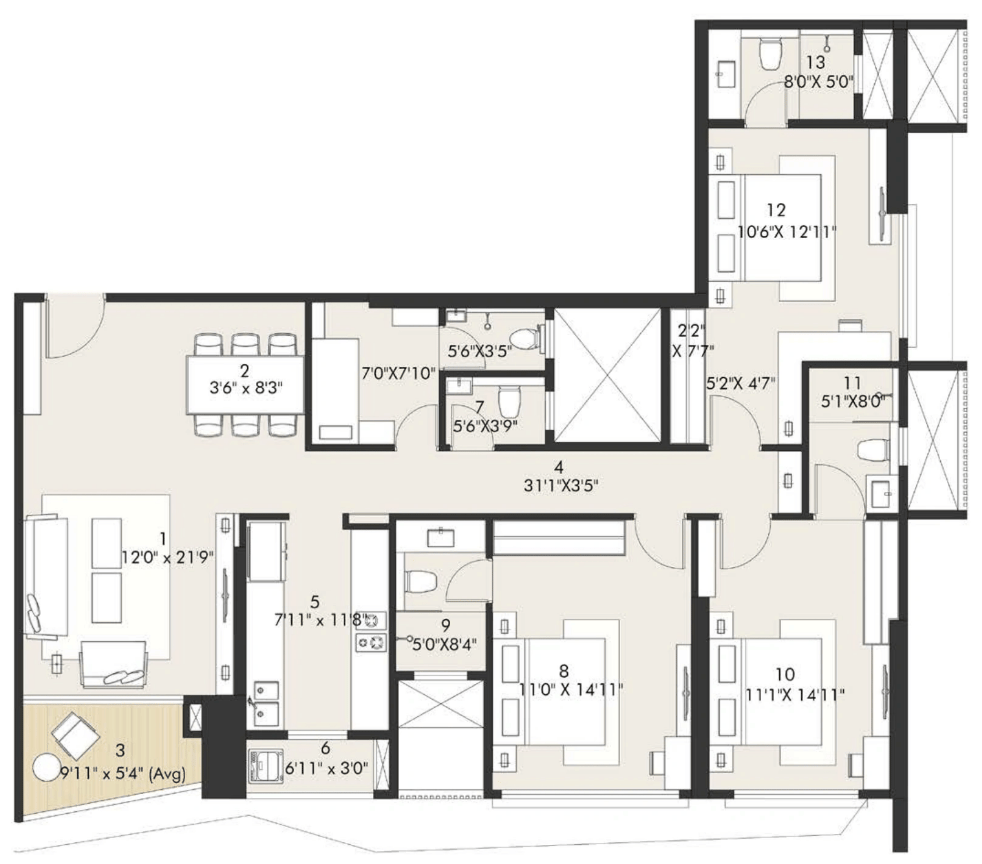 3 BHK T2 floor plan