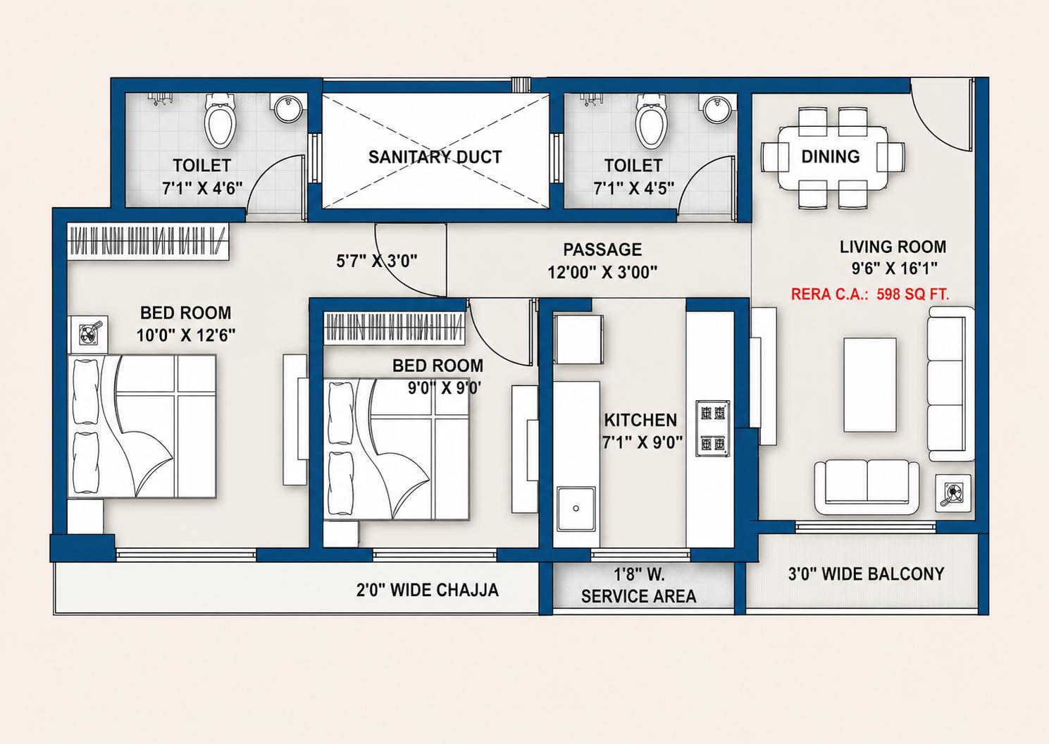 2BHK Type1 floor plan