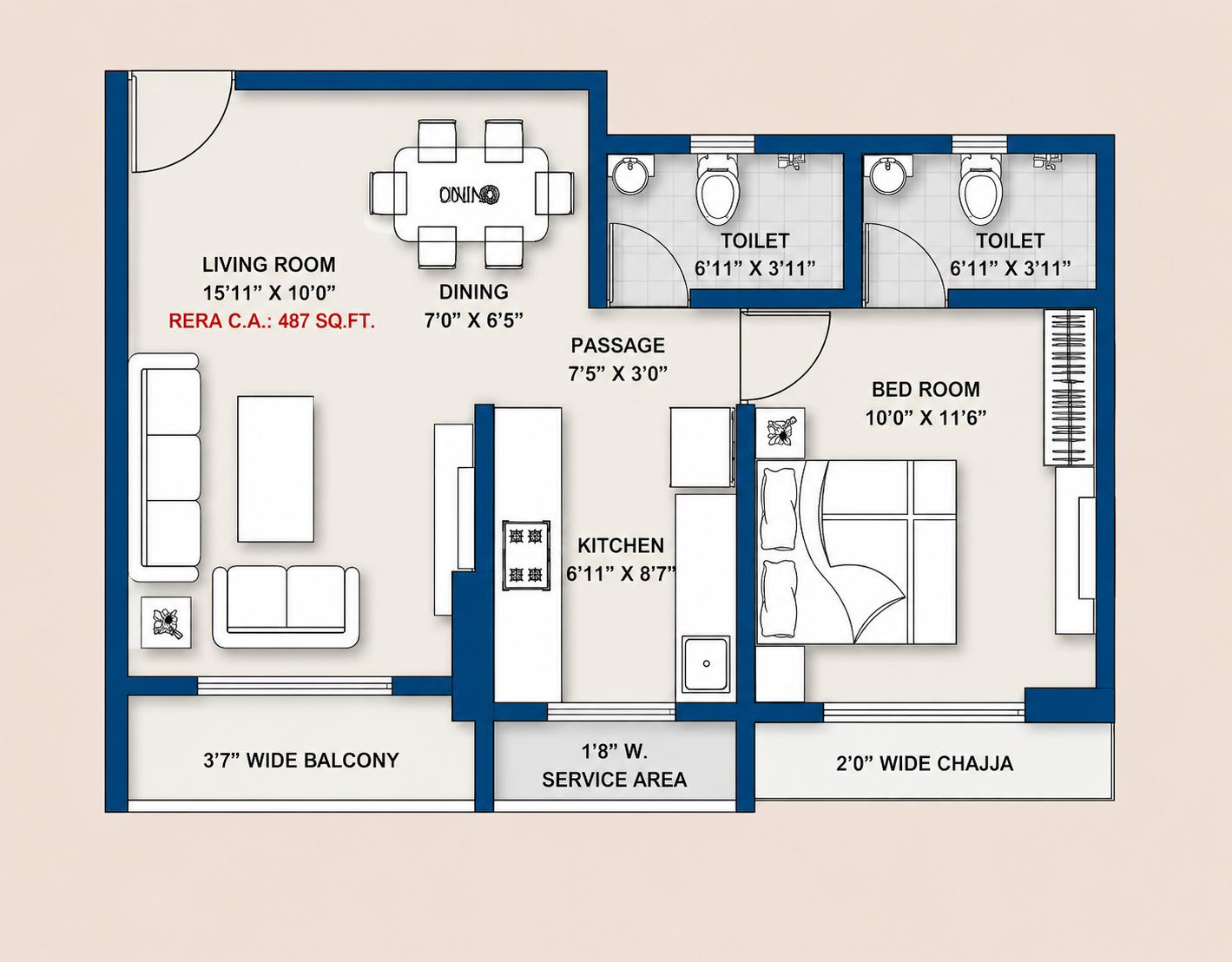 1BHK Type3 floor plan