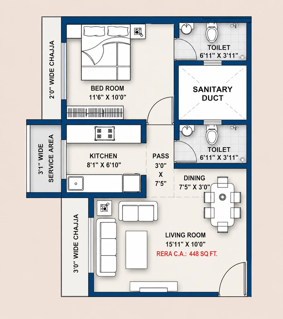 1BHK Type2 floor plan