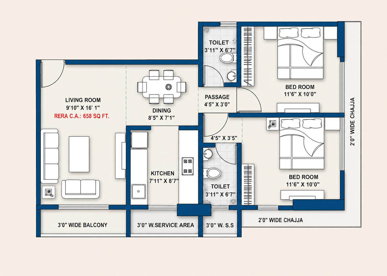 2BHK Type4 floor plan