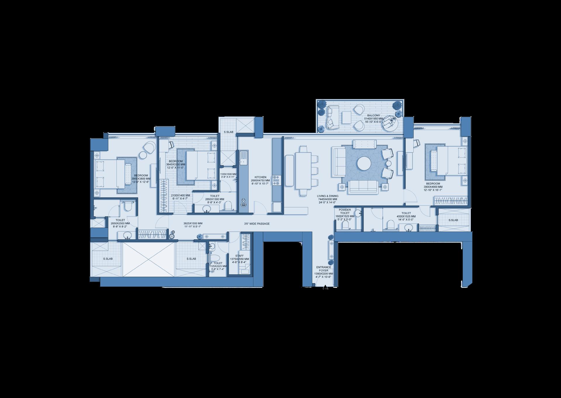 3BHK floor plan