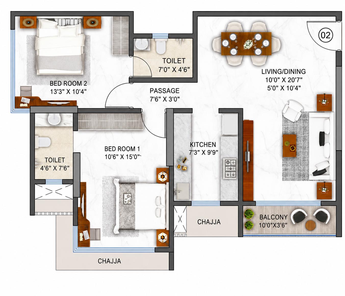 2BHK floor plan
