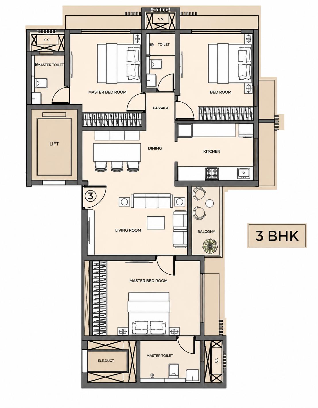 3BHK floor plan