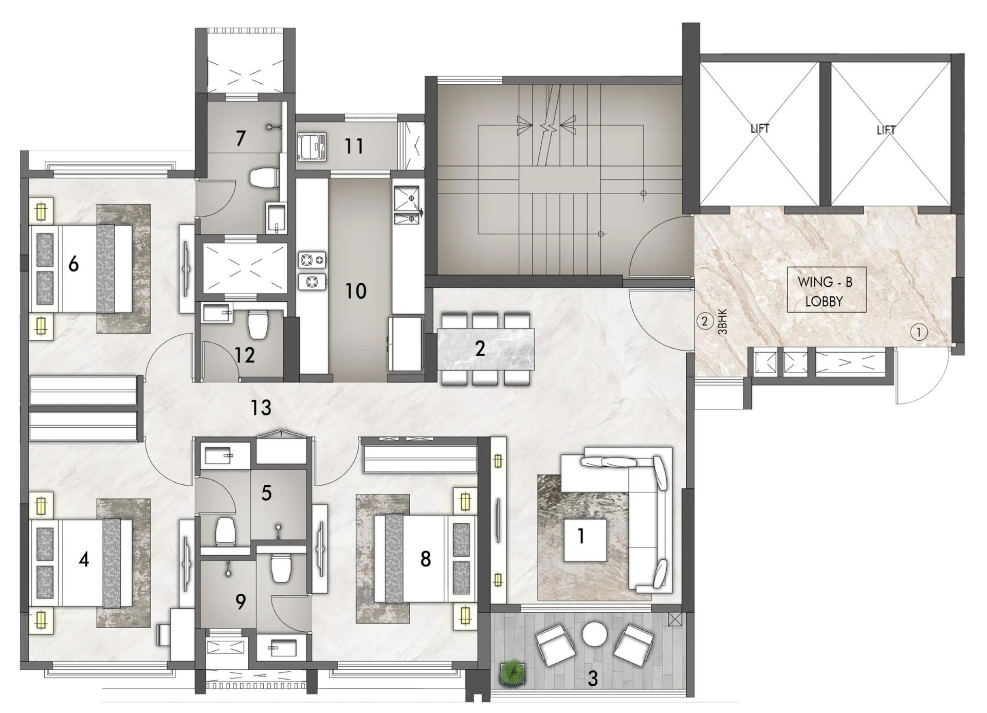 3 BHK T1 - Wing B floor plan