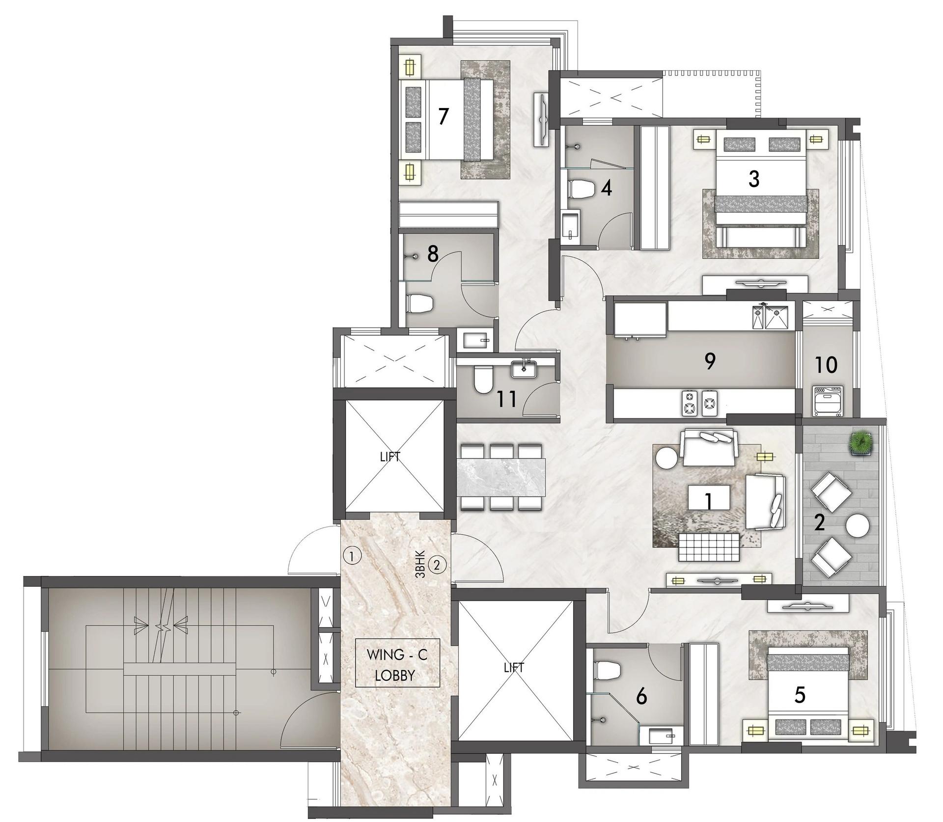 3 BHK - Wing C floor plan