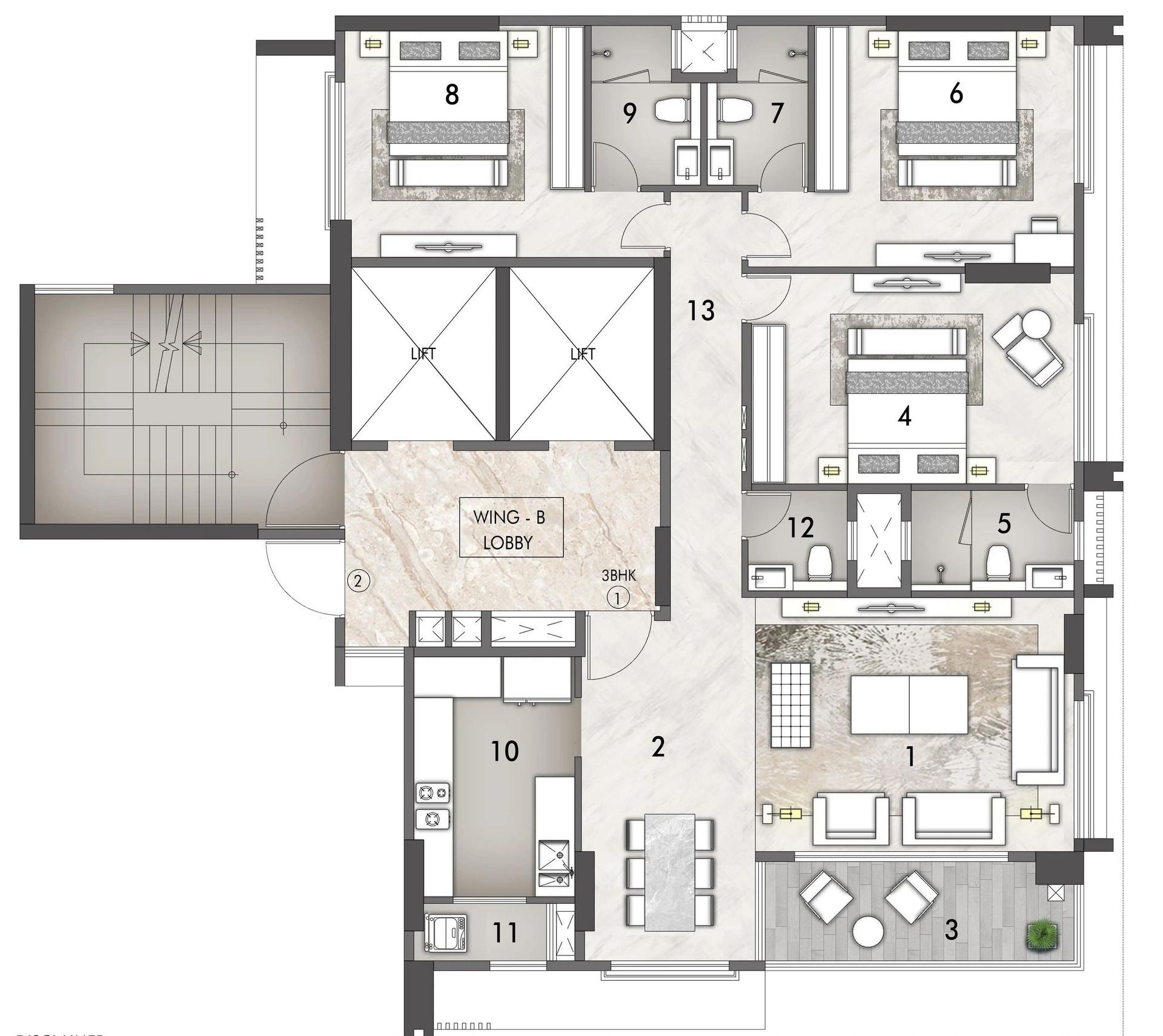 3 BHK T2 - Wing B floor plan