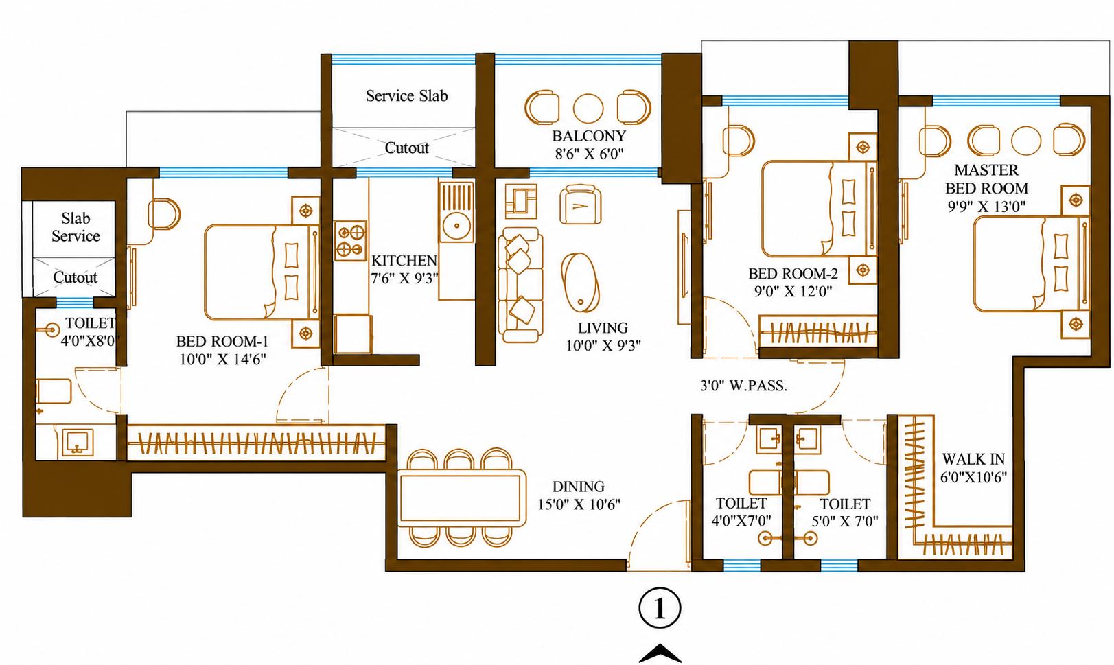 3BHK floor plan