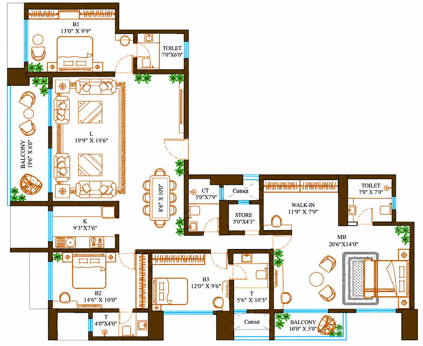 4BHK (2+2)Jodi floor plan