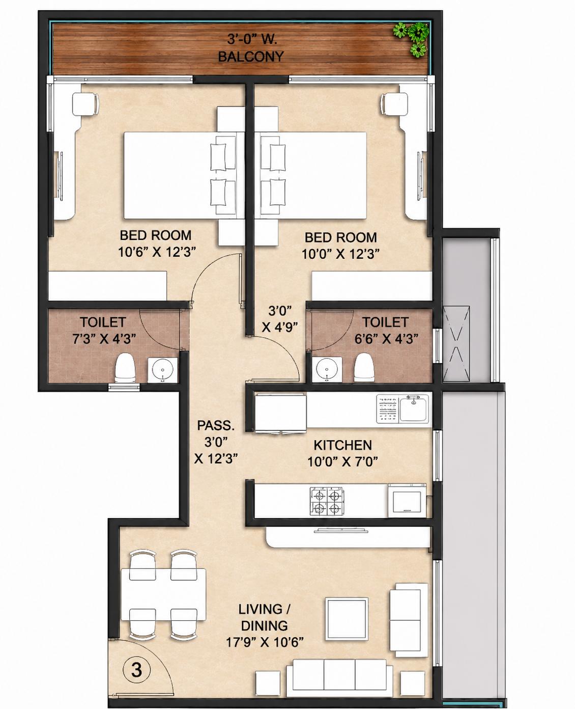 2BHK Elite floor plan