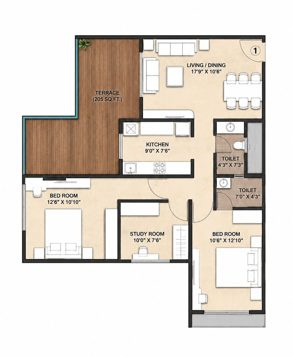 3BHK floor plan