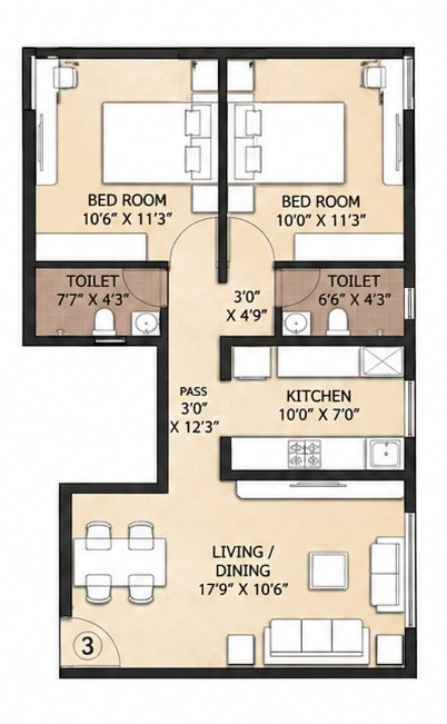 2BHK floor plan