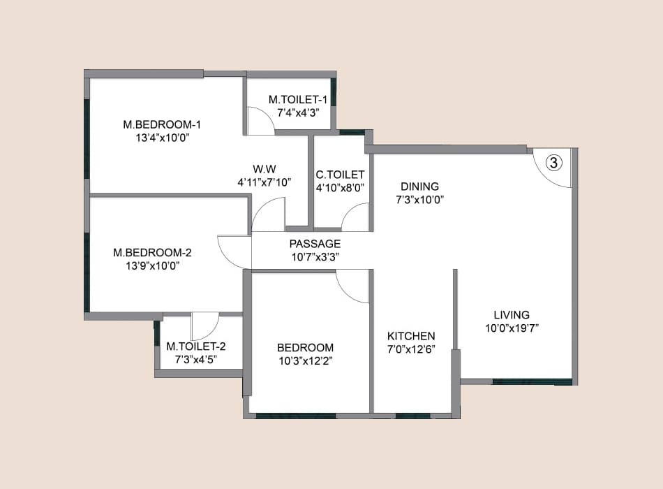 3BHK-T2 floor plan