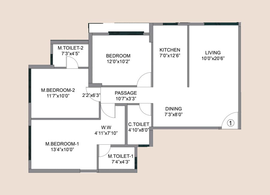 3BHK-T1 floor plan