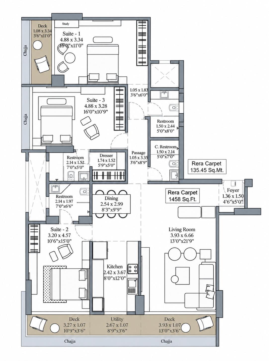 3BHK floor plan