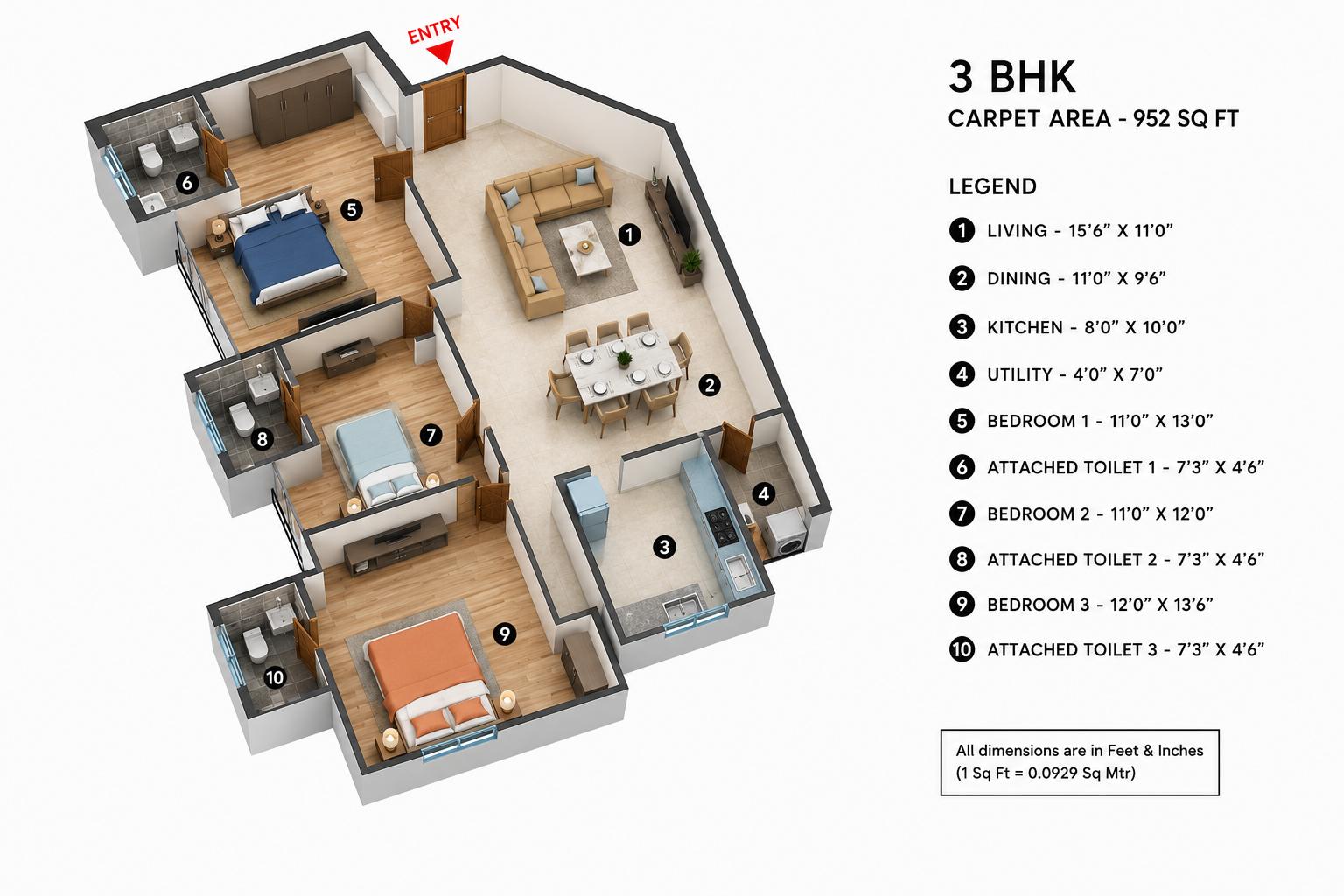 3BHK Elite floor plan